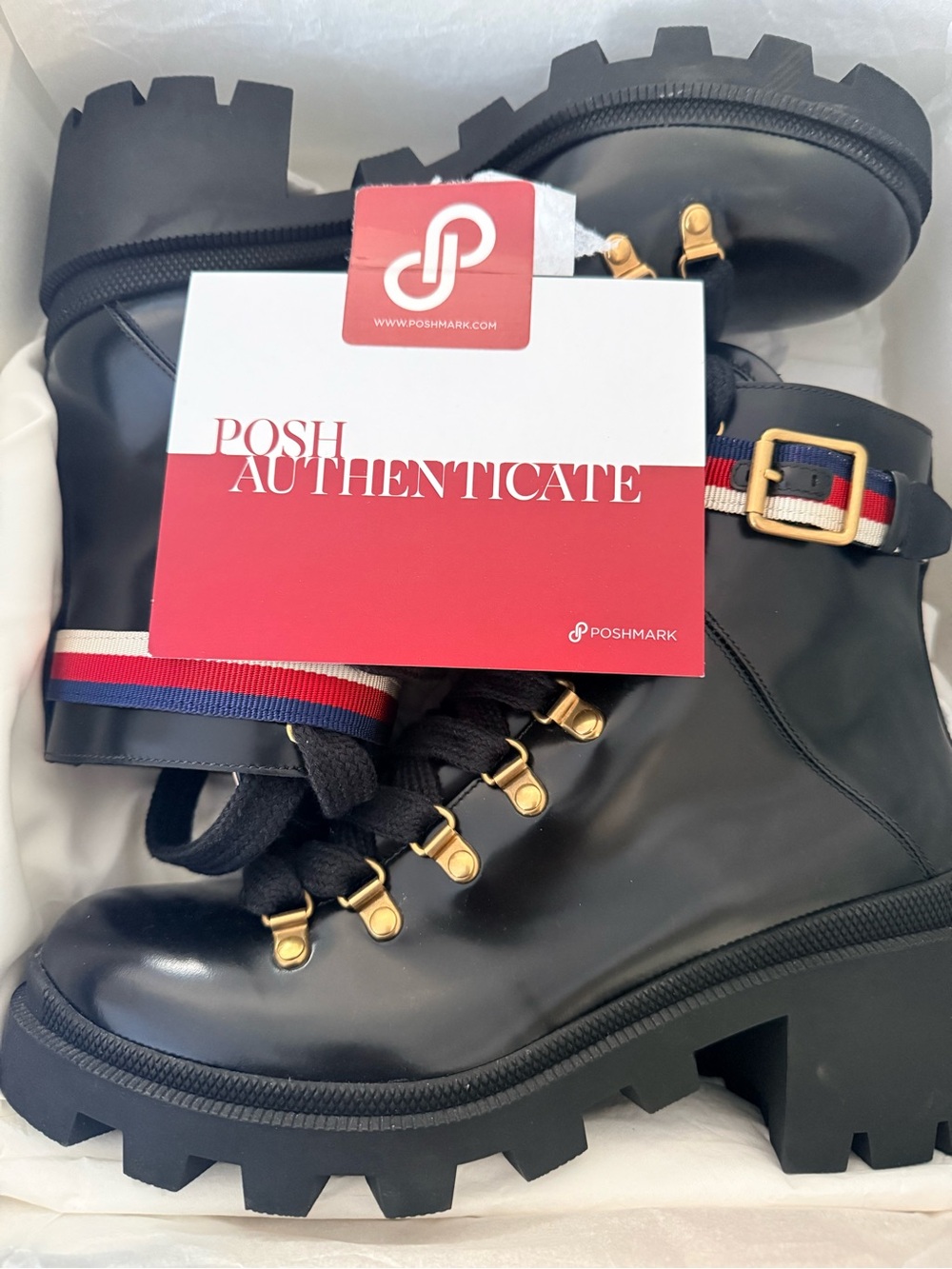 Gucci Black Leather Lace-Up Lug Sole Ankle Boots with Red-White-Blue Strap - Picture 3 of 8